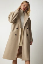 Happiness İstanbul Women's Beige Double Breasted Collar Oversize Stash Coat