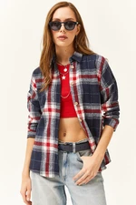 Olalook Women's Navy Blue Red Plaid Lumberjack Shirt