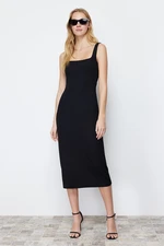 Trendyol Black Strap Square Neck Fitted Fitted Flexible Midi Knitted Pencil Dress