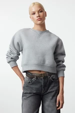 Trendyol Gray Melange Thick Inside Fleece Relaxed/Wide Fit Crop Basic Knitted Sweatshirt