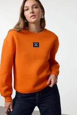 Trendyol Orange Reaxed/Relaxed Fit Slogan Printed Thick Polar Fleece Knitted Sweatshirt