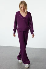 Trendyol Purple Wide Pattern Stone Detailed Knitwear Bottom-Top Set