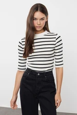 Trendyol Black*001 Stand Collar 3/4 Sleeve Striped Regular/Normal Fit Knitted Blouse