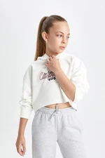 DEFACTO Girl Oversize Wide Pattern Crop Hooded Printed Sweatshirt