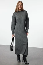 Trendyol Anthracite Sleeved Openwork Ribbed Knitted Dress