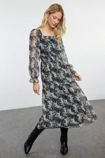 Trendyol Black Floral Patterned Skater/Waist Open Maxi Woven Chiffon Lined Dress