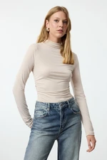 Trendyol Stone Gather Detailed High Collar Fitted/Long Sleeve Fitted Stretchy Knitted Blouse