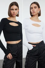 Trendyol Black-White 2-Piece Cut Out Detailed Fitted Flexible Knitted Blouse