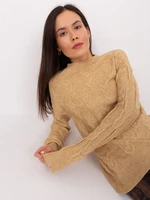 Camel sweater with cables and cuffs