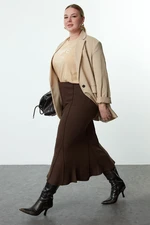 Trendyol Curve Dark Brown Knitted Plus Size Skirt