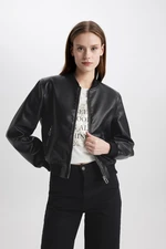 DEFACTO College Collar Plain Zipper Closure Pocket Faux Leather Bomber Jacket Coat