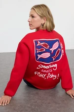 Trendyol Red Printed Oversize/Wide Pattern Crew Neck Thick Polar Fleece Knitted Sweatshirt