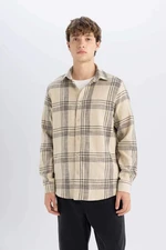 DEFACTO Men's Beige Regular Fit Regular Cut Polo Collar Plaid Lumberjack Flannel Cotton Long Sleeve Shirt