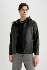 DEFACTO Slim Fit Hooded Zipper Closure Pocket Seasonal Lightweight Faux Leather Jacket Coat