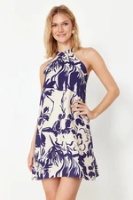 Trendyol Blue Belted Floral Print A-line Halter Neck Mini Woven Dress