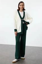 Trendyol Dark Green Stripe Detailed Cardigan-Pants Knitwear Set