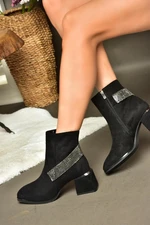 Fox Shoes R241442202 Black Suede Women's Boots with Stones Accessorised, Thick Heels