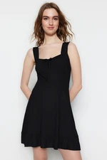 Trendyol Black Square Neck Ruffle A-Line Mini Knitted Dress