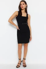 Trendyol Black Square Collar With Belt Detail, Fitted Mini Crepe Knitting Dress