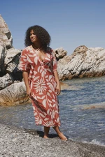 Trendyol Curve Multicolored Tropical Patterned Bat Sleeve Midi Length Woven Beach Dress