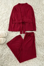 Trendyol Burgundy Belted Cotton Knitted Pajama Set