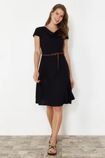 Trendyol Black Textured Belt Detailed Degaje Collar Flexible Skater/Waist-Opening Midi Knitted Dress