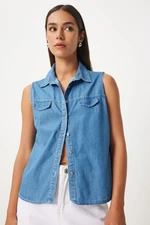 Happiness İstanbul Women's Blue Pocket Flap Denim Vest