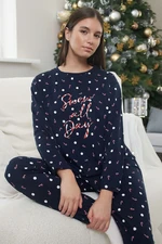 Trendyol Navy Blue 100% Cotton Polka Dot Christmas Themed Knitted Pajama Set