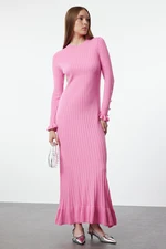 Trendyol Pink Ruffle Skirt Rib Knit Dress