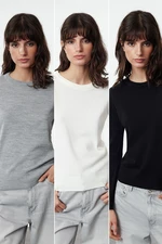 Trendyol Black-Grey-Ecru Crew Neck Basic Triple Pack Knitwear Sweater