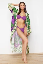 Trendyol Tropical Patterned Belted Midi Woven Kimono & Kaftan