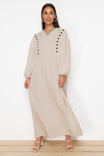 Trendyol Beige V-Neck Detailed Woven Linen Look Dress