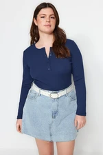 Trendyol Curve Navy Blue Crew Neck Plain Basic Ribbed Knitted Blouse