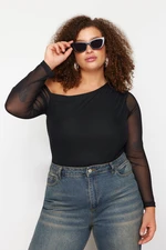 Trendyol Curve Black Tulle Lined Asymmetric Collar Knitted Blouse