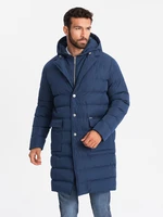 Ombre Men's long quilted jacket with lapels and lining - dark blue