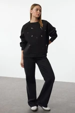 Trendyol Black Stone Detailed Relaxed/Comfortable Thick Inside Polar Fleece Knitted Sweatshirt