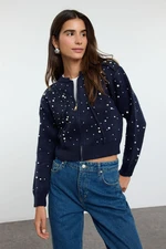 Trendyol Navy Blue Soft Texture Zippered Stone Embroidered Coat Look Knitwear Cardigan