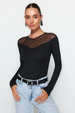 Trendyol Black Slim Snaps Tulle Detailed Heart Neck Ribbed Flexible Knitted Body