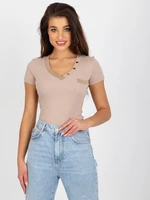 Dark beige ribbed blouse with short sleeves