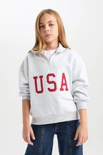 DEFACTO Girl Relax Fit Half Zipper Printed Soft Fluffy Sweatshirt