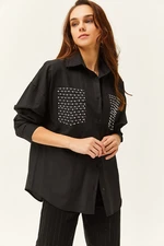 Olalook Women's Black Pocket Staple Detailed Oversize Shirt