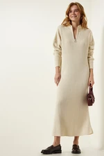 Happiness İstanbul Women's Cream Ribbed Oversize Knitwear Dress