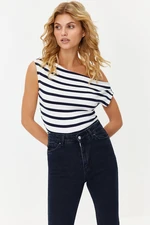 Trendyol Navy Blue Striped Boat Neck Fitted Flexible Knitted Blouse with Viscous/Soft Fabric