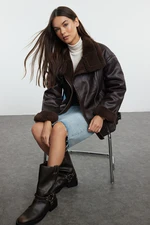 Trendyol Dark Brown Collar Belt Detailed Plush Suede Biker Jacket Coat