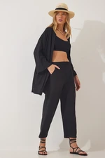 Happiness İstanbul Women's Black Kimono Pants Knitted Set