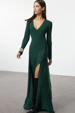 Trendyol Emerald Green Plain Limited Edition V Neck Skater/Waist Open Stretch Maxi Knit Dress