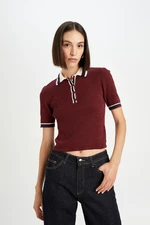 DEFACTO Regular Fit Buttoned Polo Neck Short Sleeve Burgundy Knitted Sweater