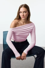 Trendyol Pink Gathered/Draped Detailed Fitted/Fits the Body Long Sleeve Flexible Knitted Blouse