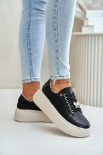 Women's leather platform sneakers with Vinceza brooch black