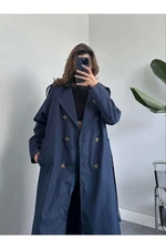 Laluvia Navy Blue Button Detailed Belted Long Trench Coat